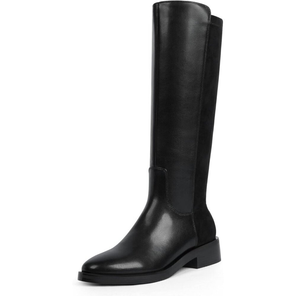 🆕Women Polyurethane Stretch-black Round Flat Heel Side Zipper Knee High Boots